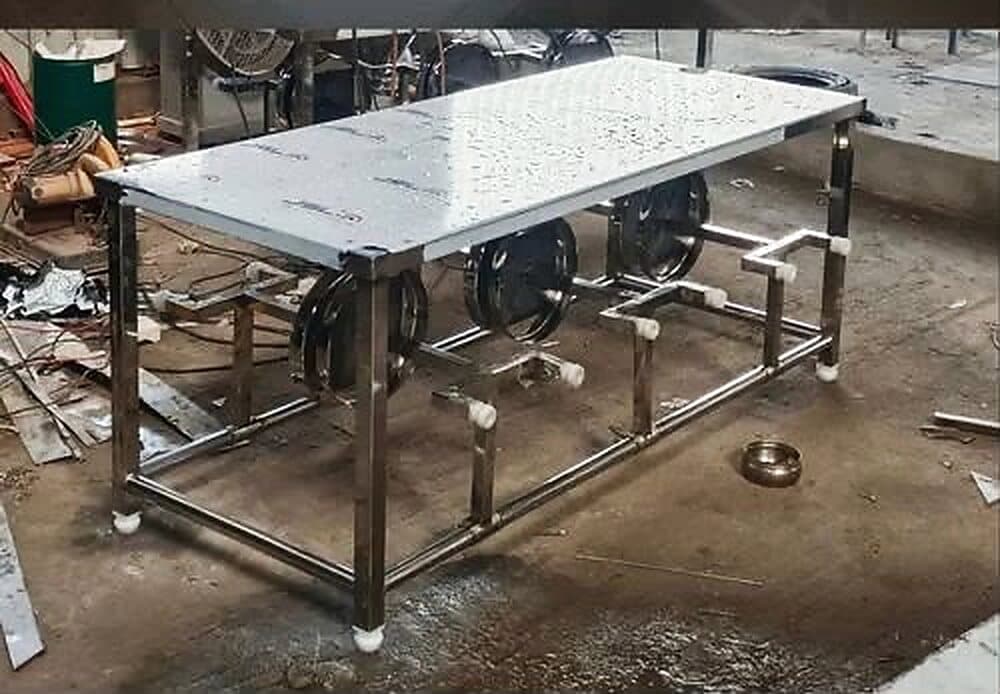 6 seater stainless steel dining table with folding seats