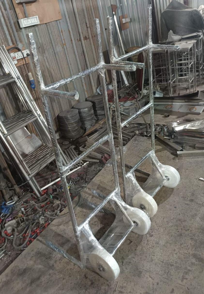 New stainless steel crate trolleys wrapped for dispatch in the Royal Engineering Works workshop